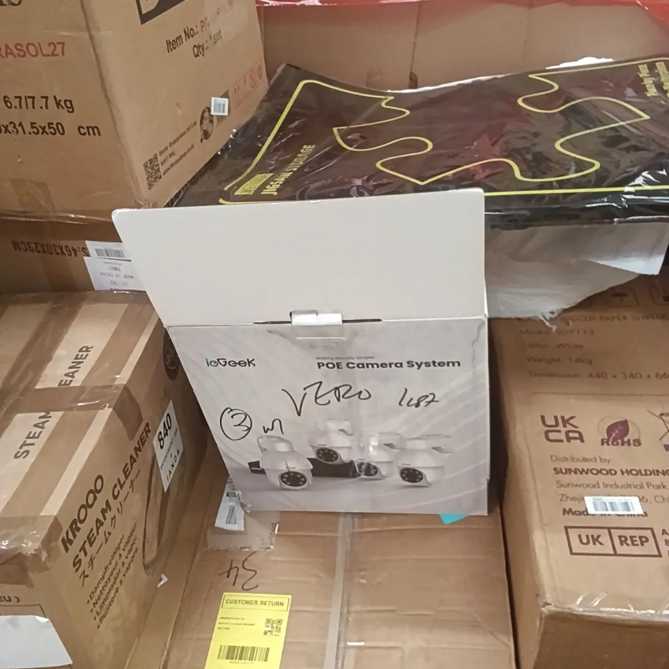 PALLET OF ASSORTED HOUSEHOLD GOODS AND PRODUCTS TO INCLUDE; STEAM CLEANER, ELECTRIC FRYER, CAMERA SYSTEM,BOXED FURNITURE ETC