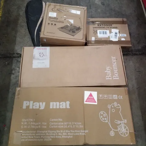 PALLET CONTAINING ASSORTED PRODUCTS INCLUDING AUDIO TURNTABLE, UNIVERSAL TV STAND, BABY BOUNCER, PET MAT & BADMINTON RACKET