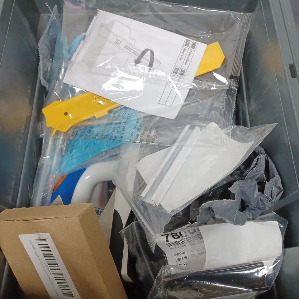 BOX OF APPROXIMATELY 20 ASSORTED HOUSEHOLD ITEMS TO INCLUDE PIPE CONNECTORS, BLU TACK AND MINI TOOLS