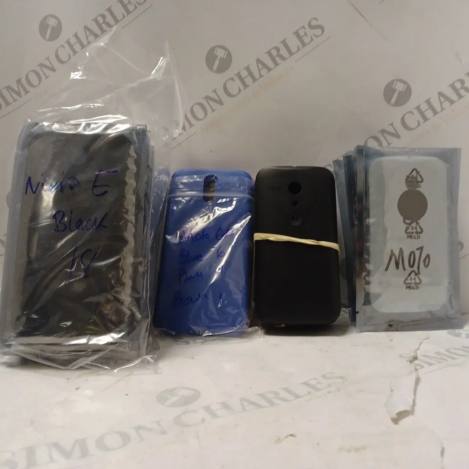 BOX OF APPROXIMATELY 15 ASSORTED MOTOROLA AND HTC PHONE CASES  