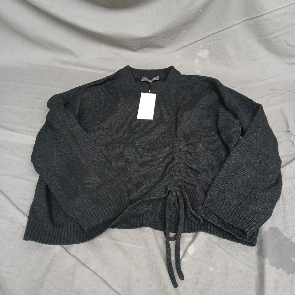 FRENCH CONNECTION CREW NECK JUMPER WITH RUCHED DETAIL IN BLACK SIZE L