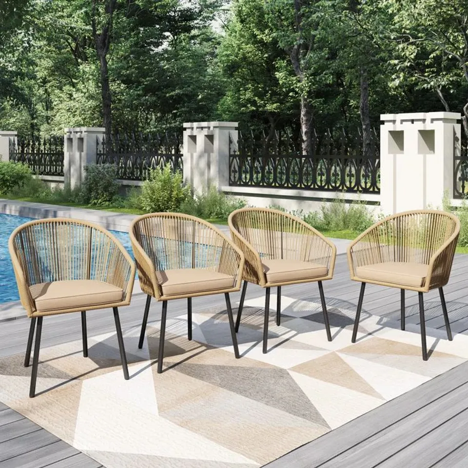 BOXED SET OF 4 CATALINA CONTEMPORARY RATTAN ROPE OUTDOOR DINING CHAIRS 