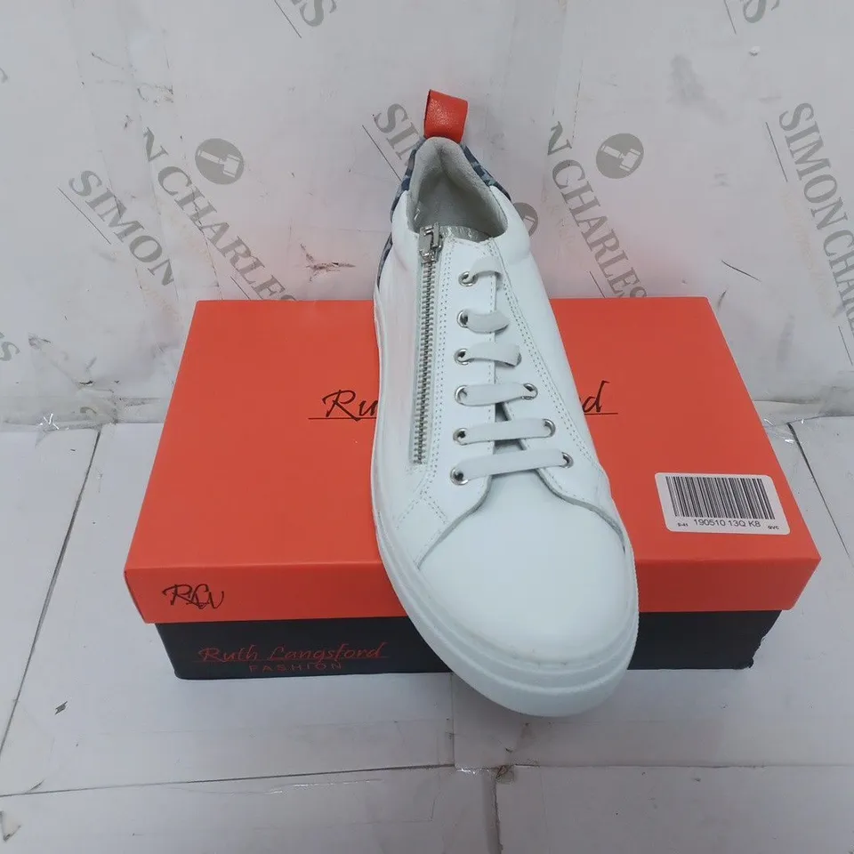 BOXED PAIR OF RUTH LANGSFORD TRAINERS IN WHITE/BLUE SIZE 8 