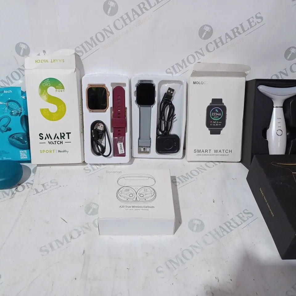 BOX OF APPROX 5 ITEMS TO INCLUDE - TRUE WIRELESS EARBUDS - SMART WATCH SPORT - BEAUTY NECK INSTRUMENT ECT