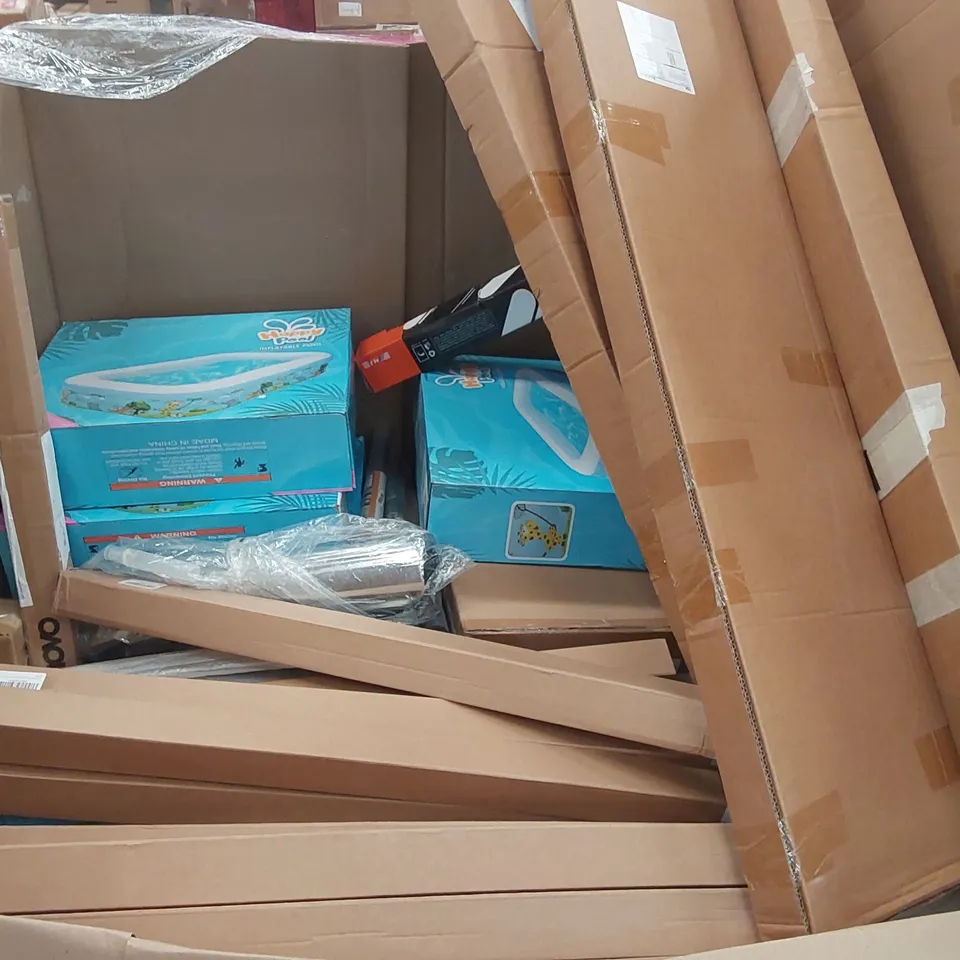 PALLET OF ASSORTED ITEMS INCLUDING: A LARGE QUANTITY OF INFLATABLE POOLS, TOP SMART MUSIC CEILING LIGHTS, SKATEBOARD, MULTIFUNCTIONAL CRUTCH ECT
