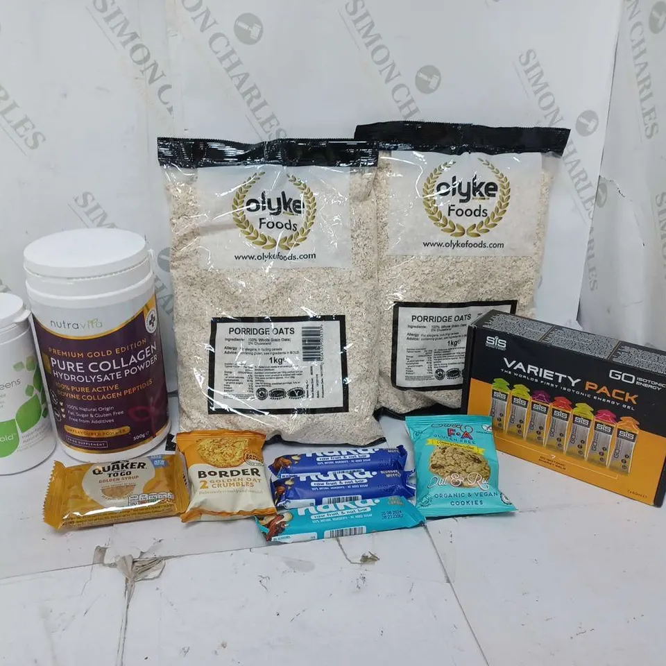 ASSORTED FOOD TOTE TO INCLUDE OATS, SIS ENERGY GEL, PURE COLLAGEN, AND ALKA-GREENS ETC.