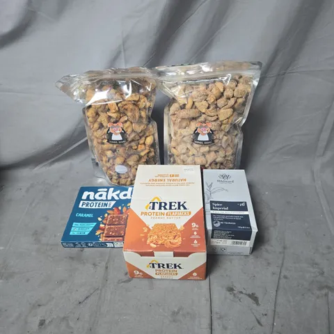 APPROXIMATELY 7 ITEMS OF ASSORTED FOOD AND DRINK ITEMS INCLUDING COOL HOG SCRATCHINGS, TREK PROTEIN FLAPJACKS, WHITTARD SPICE IMPERIAL TEA AND NAKD PROTEIN BARS