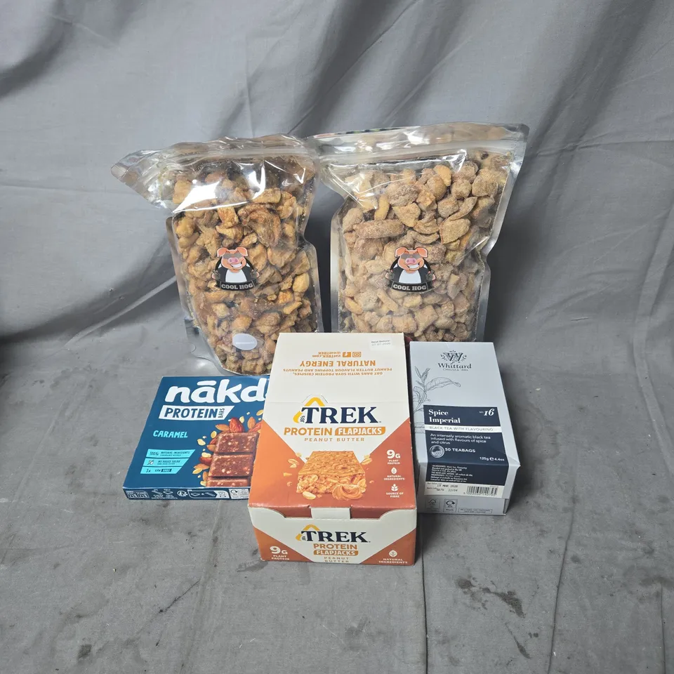 APPROXIMATELY 7 ITEMS OF ASSORTED FOOD AND DRINK ITEMS INCLUDING COOL HOG SCRATCHINGS, TREK PROTEIN FLAPJACKS, WHITTARD SPICE IMPERIAL TEA AND NAKD PROTEIN BARS
