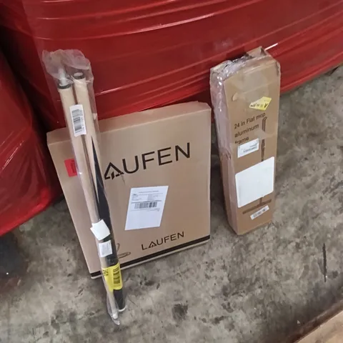 PALLET OF ASSORTED ITEMS INCLUDING - 24'IN FLAT MOP, SNOOKER STICK, TOILET SEAT 