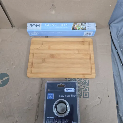 APPROXIMATELY 15 ASSORTED HOUSEHOLD PRODUCTS TO INCLUDE COFFEE MACHINE FILTER, SMALL CHOPPING BOARD, CLING FILM ETC 