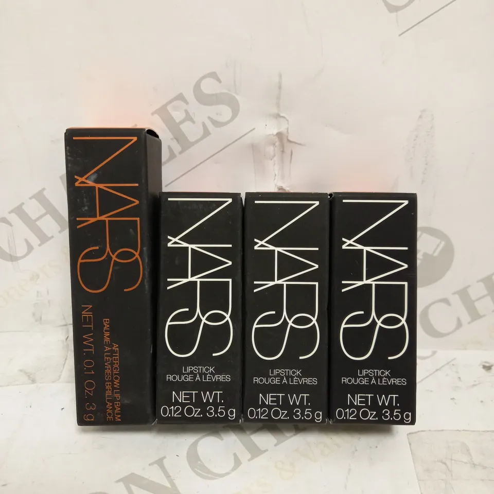 LOT OF 4 ASSORTED NARS PRODUCTS TO INCLUDE AFTERGLOW LIPBLAM - LAGUNA, LIPSTICK - COOL IT, BARBARELLA, BULGARIAN ROSE 