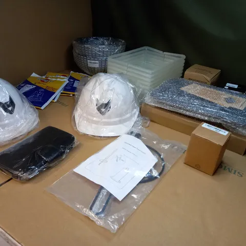 LARGE BOX OF APPROXIMATELY 20 ASSORTED HOUSEHOLD ITEMS TO INCLUDE: PEDIGREE HOOVER BAGS, MUFFIN TRAY, HARD HAT