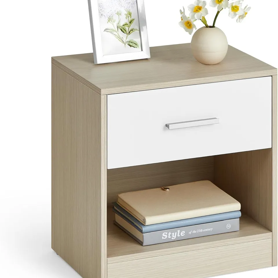 BOXED VASAGLE BEDSIDE, SIDE WITH DRAWER - BEIGE/WHITE