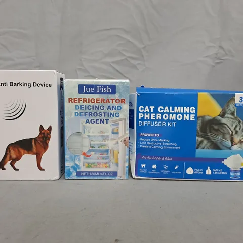 APPROXIMATELY 10 ASSORTED HOUSEHOLD ITEMS TO INCLUDE CAT CALMING PHEROMONE, ANTI BARKING DEVICE, ETC