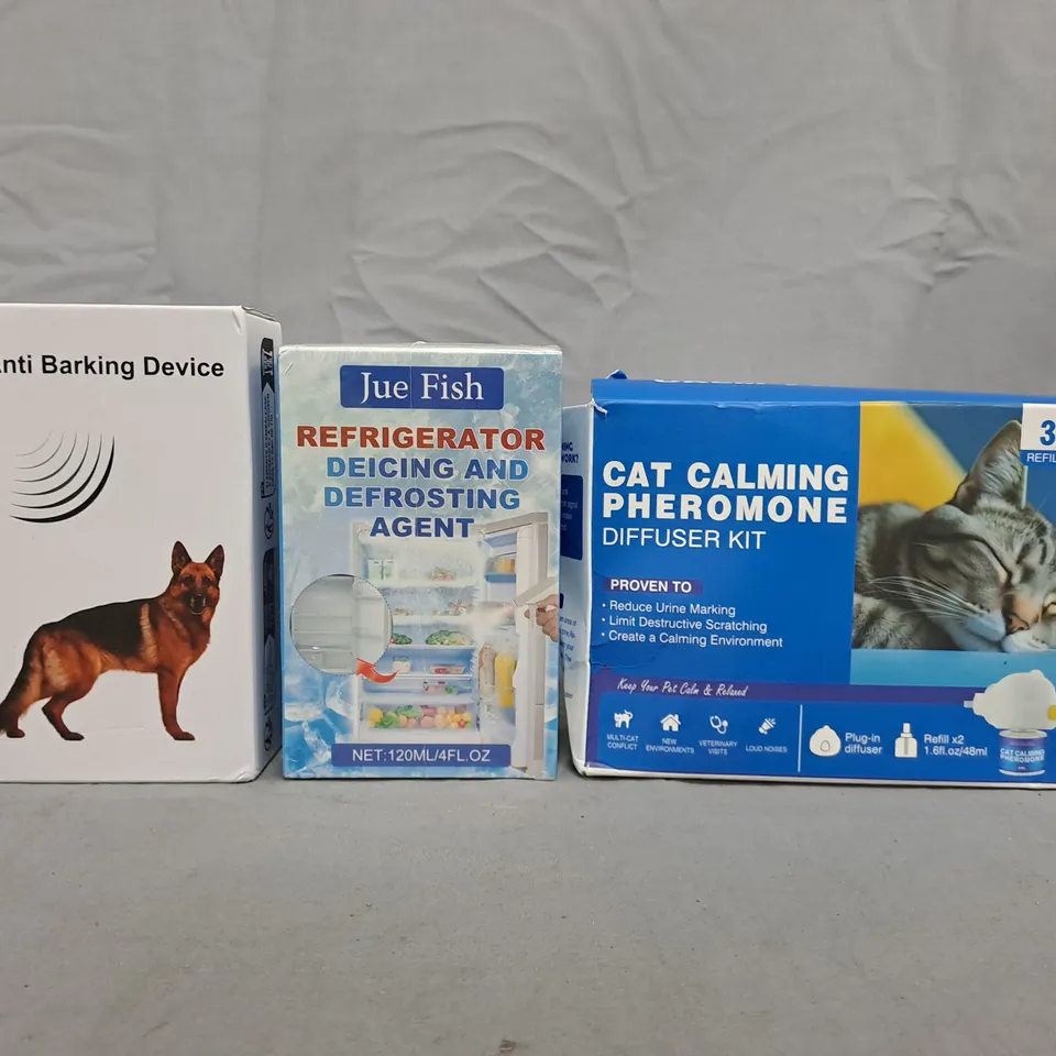 APPROXIMATELY 10 ASSORTED HOUSEHOLD ITEMS TO INCLUDE CAT CALMING PHEROMONE, ANTI BARKING DEVICE, ETC