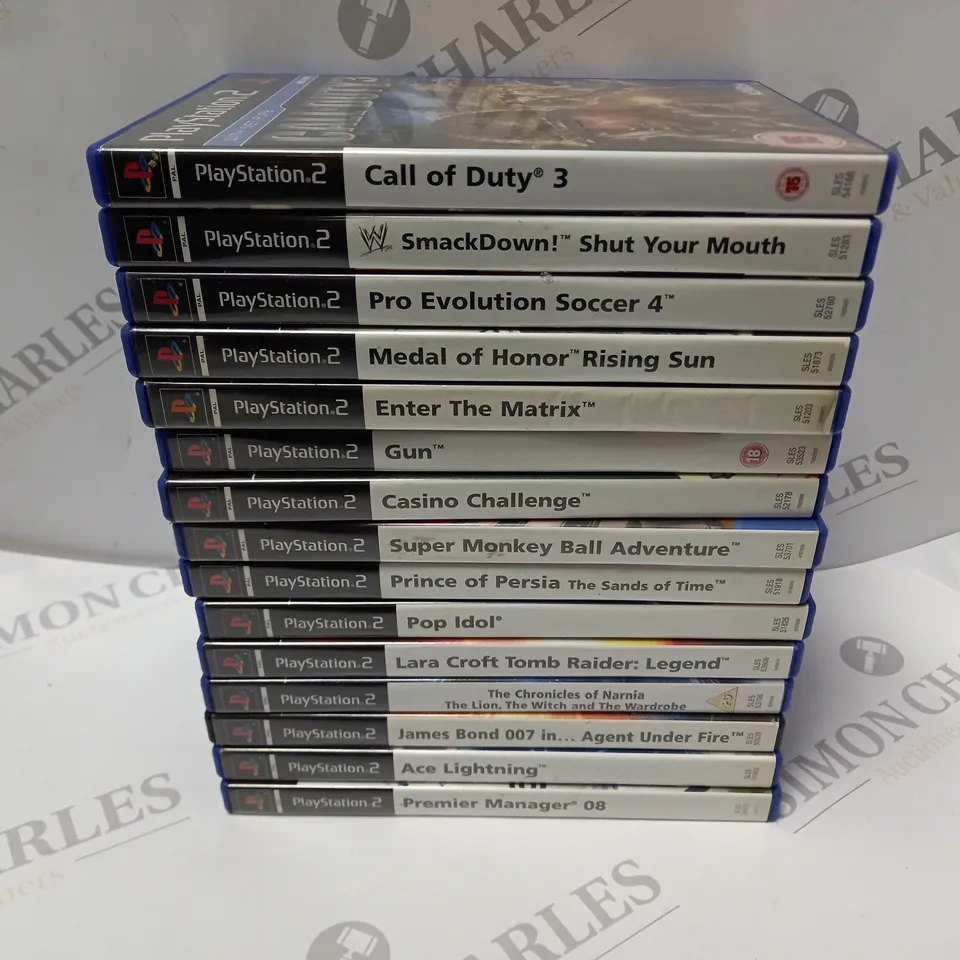 APPROXIMATELY 15 ASSORTED PLAYSTATION 2 GAMES TO INCLUDE CALL OF DUTY 3, SMACKDOWN SHUT YOUR MOUTH, PRO EVOLOUTION SOCCER 4, ETC