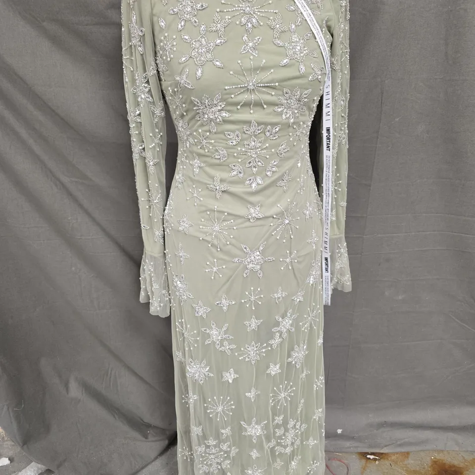 SHIMMI EMBELLISHED DRESS IN SAGE SIZE 8