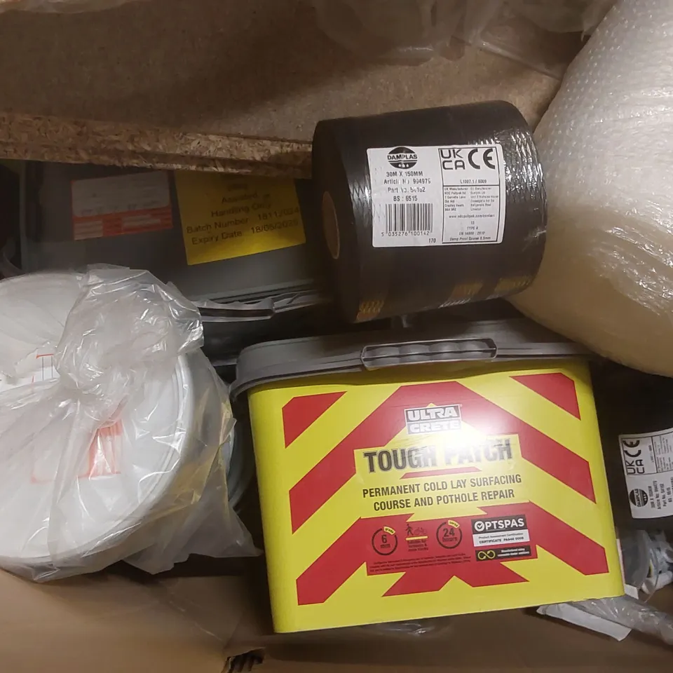 PALLET CONTAINING A VERY LARGE QUANTITY OF TOOLS AND ASSORTED EQUIPMENT INCLUDING: TOUGH PATCH POTHOLE REPAIR, DAMP PROOF COURSE, READY MIXED PLASTER, PU MORTAR FOAM, CHIPBOARD LOFT PANEL ECT