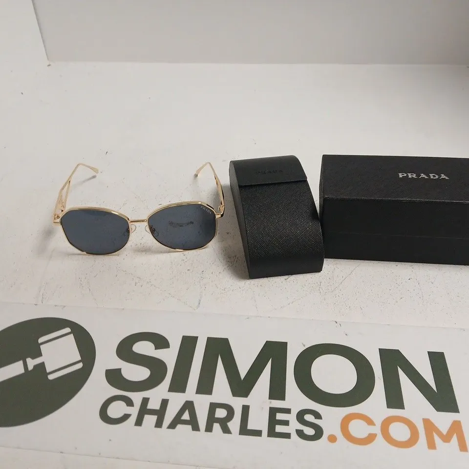 PRADA MILANO SUNGLASSES – GOLD-TONE FRAME, BLUE LENSES