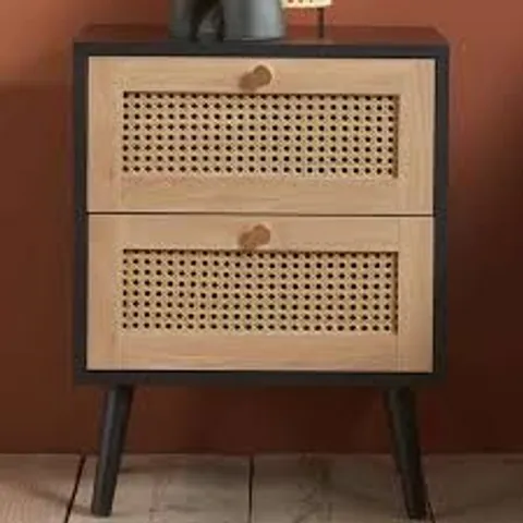BOXED CROXLEY 2 DRAWER BLACK AND OAK RATTAN BEDSIDE TABLE