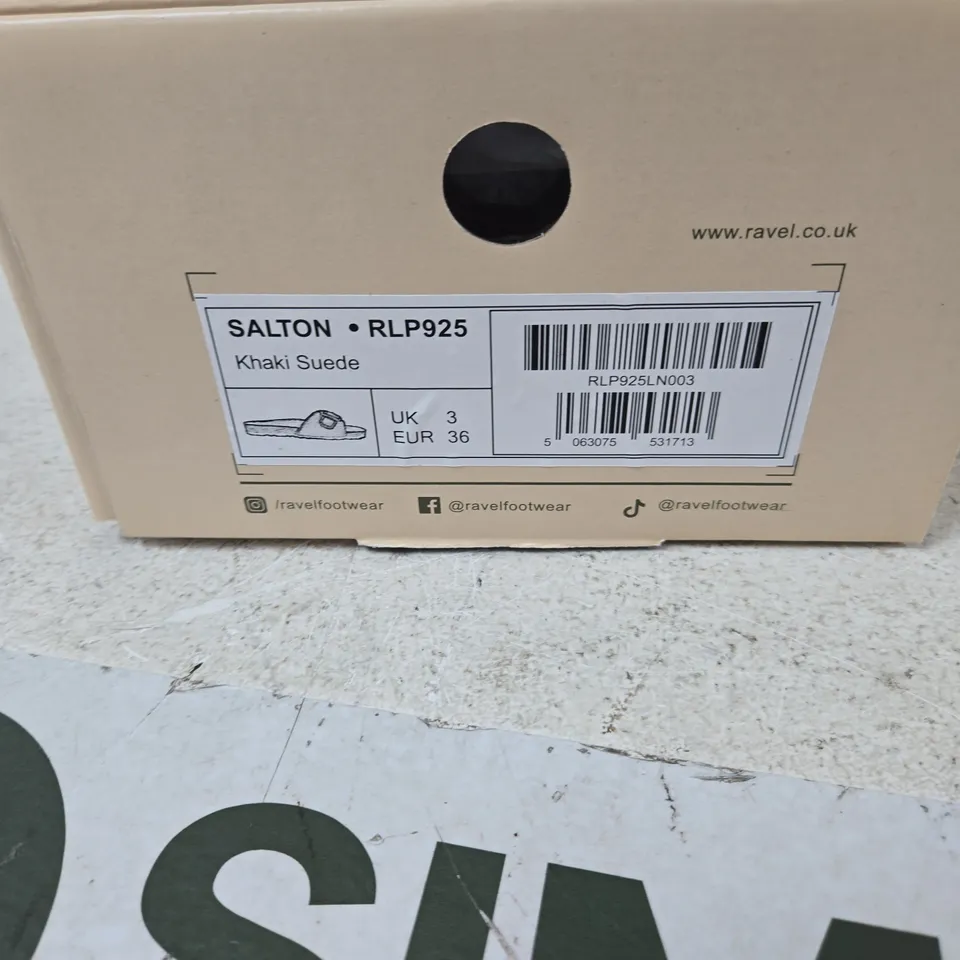RAVEL SALTON SANDALS – KHAKI SUEDE, UK 3 (EUR 36) – BOXED