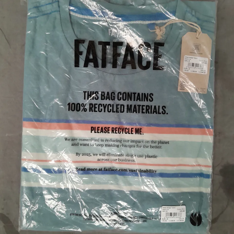 FATFACE CHEST STRIPE T-SHIRT IN DUSTY BLUE SIZE LARGE