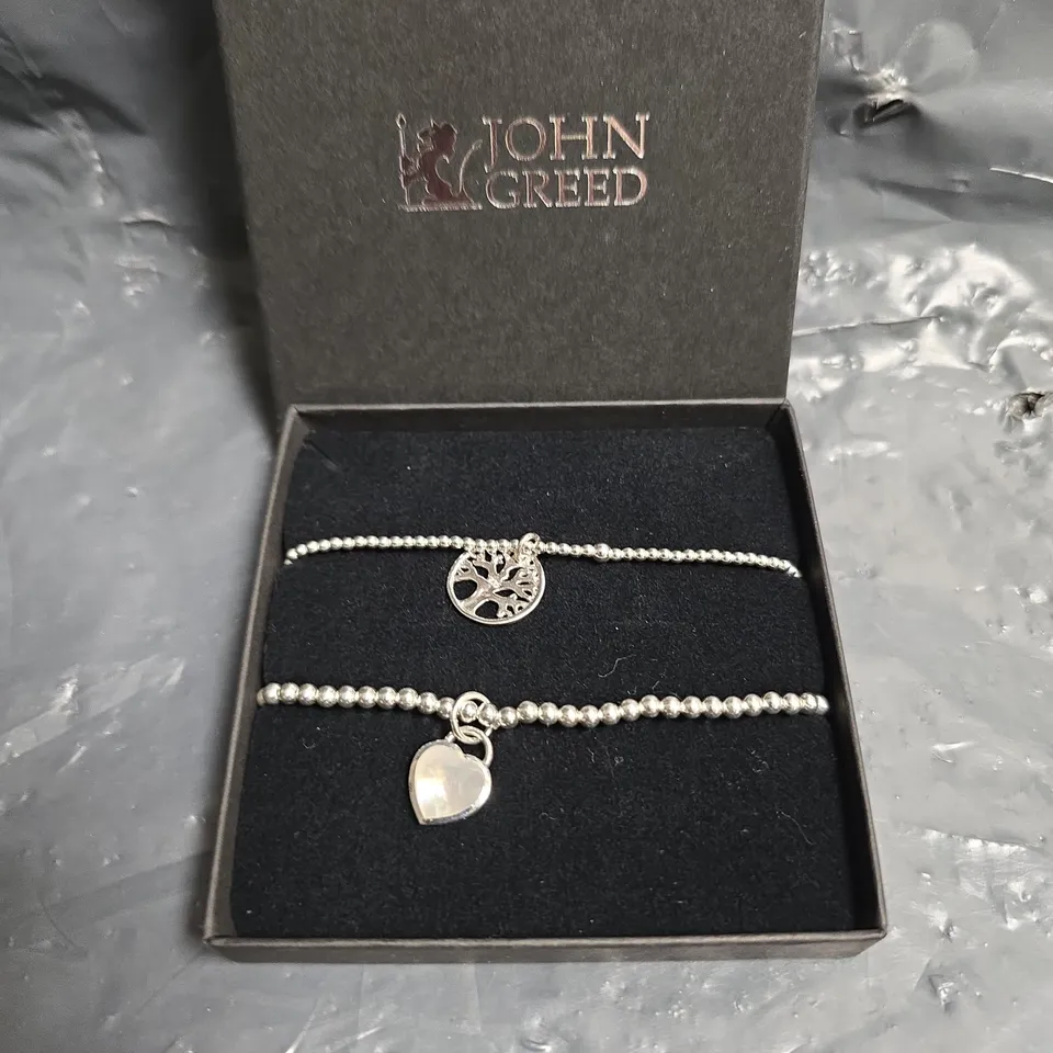 JOHN GREED SILVER-TONE TREE OF LIFE & HEART CHARM BRACELET SET IN PRESENTATION BOX