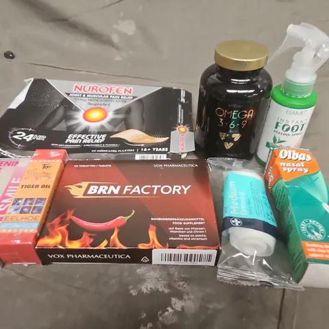 APPROXIMATELY 10 HEALTH & BEAUTY ASSORTED ITEMS – NUROFEN PAIN RELIEF, OMEGA 3-6-9, NASAL SPRAY, FOOT SPRAY, WHITENING STRIPS & SUPPLEMENTS
