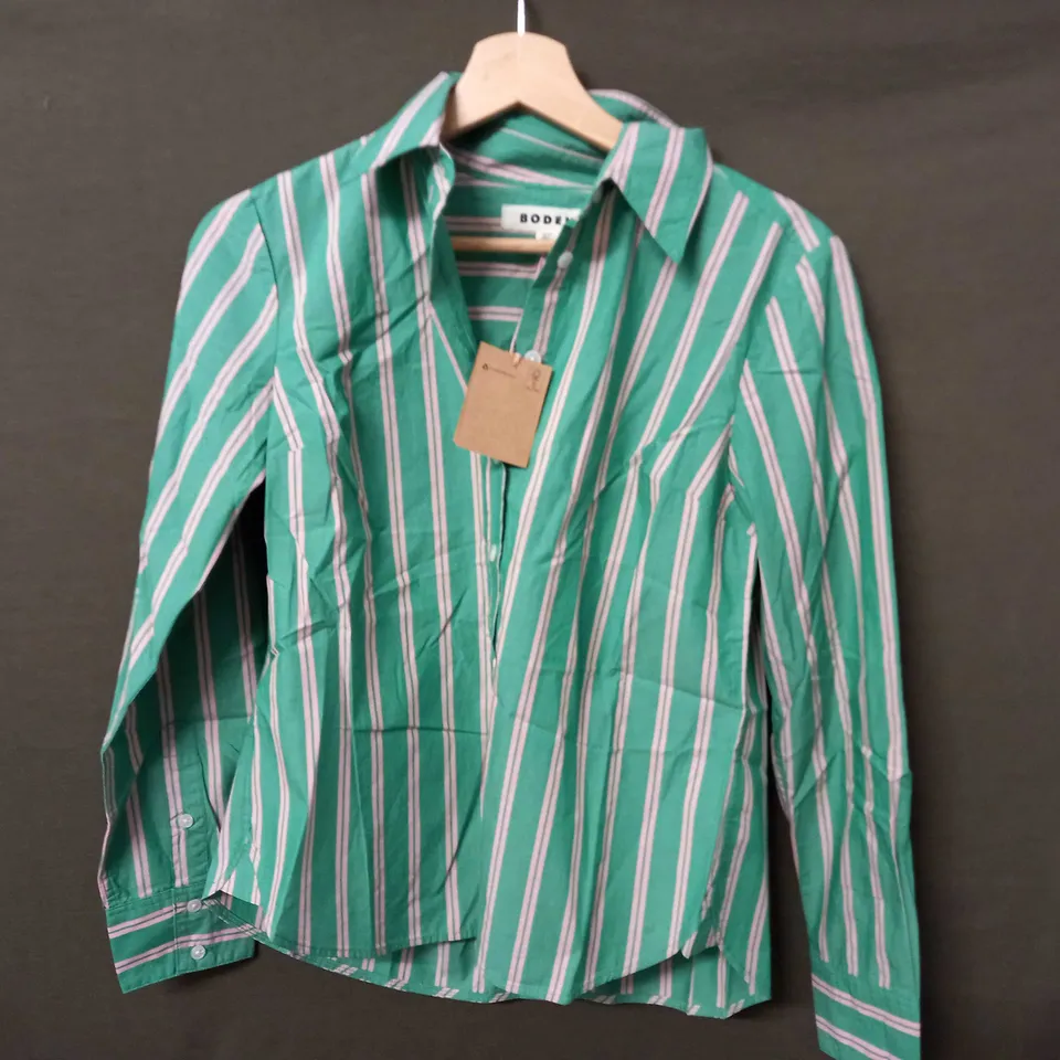 BODEN LONG SLEEVE BUTTON SHIRT IN PINK/GREEN STRIPES - UK 6P