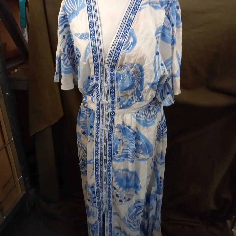 MONSOON SHELL PRINT MAXI KAFTAN DRESS IN LINEN BLEND IVORY - LARGE