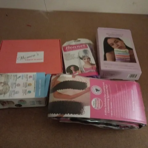 APPROXIMATELY 8 ASSORTED HEALTH & BEAUTY PRODUCTS TO INCLUDE HAIR EXTENSIONS, MAKEUP REMOVER PADS, BONNET HAIR DRYER ATTACHMENT, ETC - COLLECTION ONLY