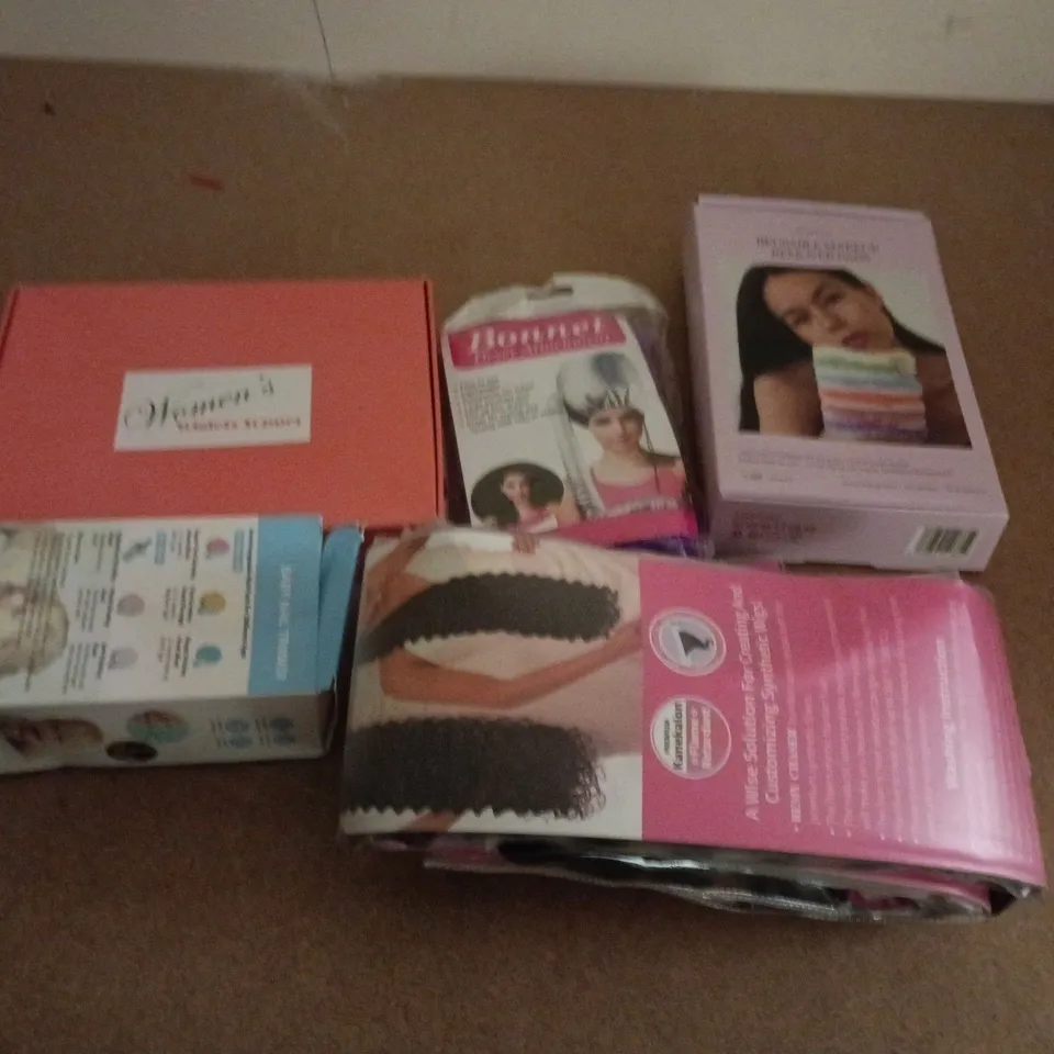APPROXIMATELY 8 ASSORTED HEALTH & BEAUTY PRODUCTS TO INCLUDE HAIR EXTENSIONS, MAKEUP REMOVER PADS, BONNET HAIR DRYER ATTACHMENT, ETC - COLLECTION ONLY