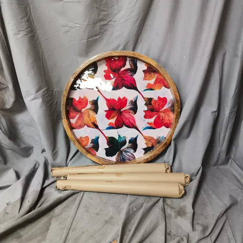 CIRCULAR WOOD-FRAMED TABLE TOP FEATURING A COLOURFUL BOTANICAL LEAF PRINT, WITH LEGS