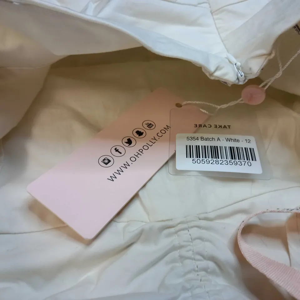 OH POLLY WHITE RUCHED MINI DRESS - SIZE 12