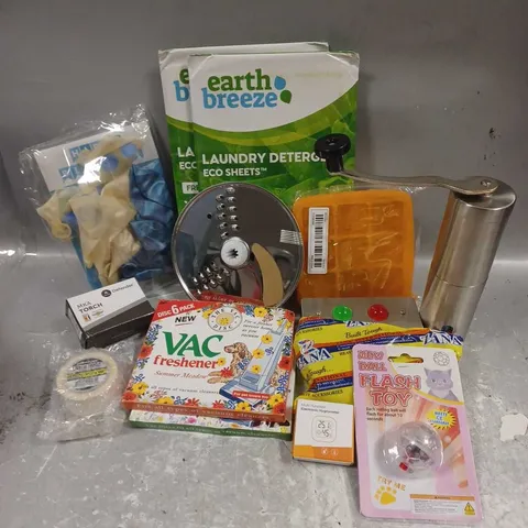 APPROXIMATELY 12 ASSORTED HOUSEHOLD ITEMS TO INCLUDE - EARTH BREEZE DETERGENT SHEETS - VAC FRESHENER - DEFENDER MKA TORCH - ETC