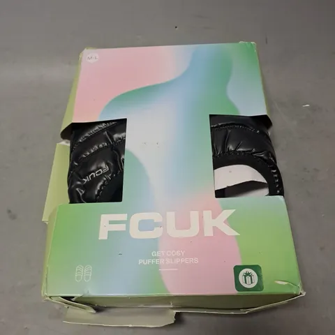 BOXED PAIR OF FCUK PUFFER SLIPPERS IN BLACK SIZE M-L