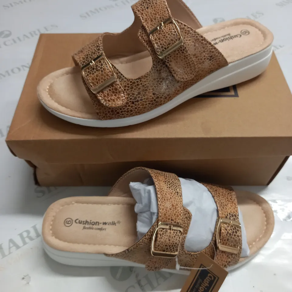 BOXED PAIR OF CUSHION WALK GOLD STRAPPY SANDALS - SIZE 6