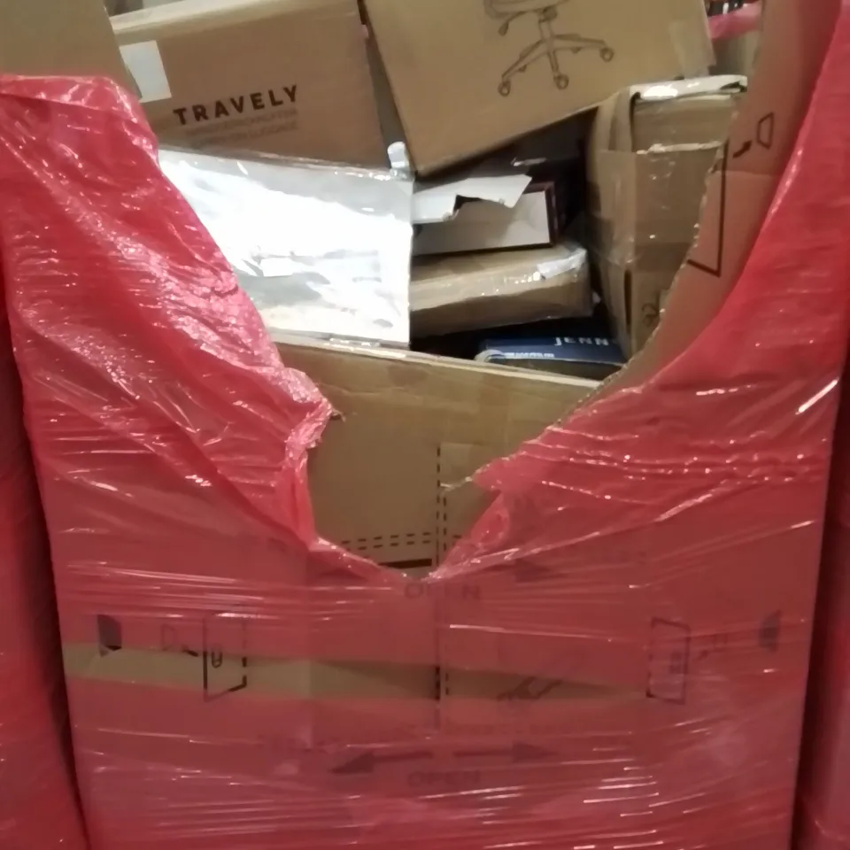 PALLET CONTAINING VARIOUS ASSORTED BOXED HOUSEHOLD ITEMS TO INCLUDE: OFFICE CHAIR, CANVAS PRINT, BABY PLAYPEN, CARRY ON LUGGAGE CASE AND LOTS MORE UNMARKED BOXED ITEMS 
