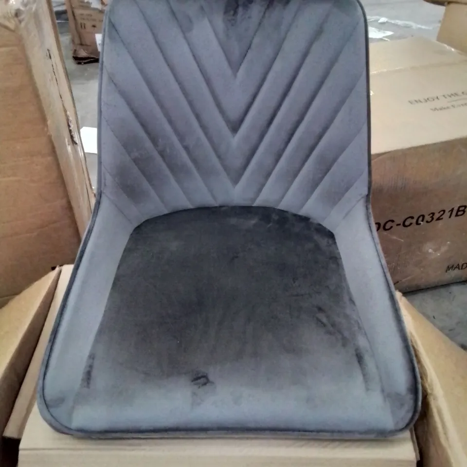 A BOXED PAIR OF GREY VELVET UPHOLSTERED DINING CHAIRS/STOOLS