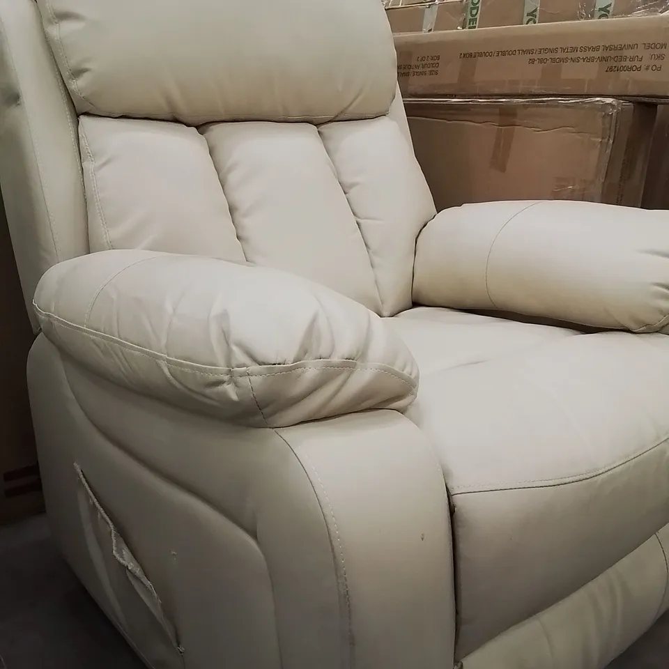 QUALITY DESIGNER CREAM FAUX LEATHER UPHOLSTERED POWER RECLINING SOFA 