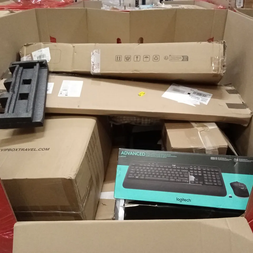 PALLET OF ASSORTED HOUSEHOLD GOODS AND PRODUCTS TO INCLUDE; COMPUTER KEYBOARD, BEDROOM PRODUCTS, BOXED FURNITURE ETC