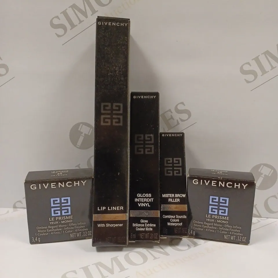LOT OF 5 ASSORTED GIVENCHY PRODUCTS TO INCLUDE LIP LINER #04 FUCHSIA IRRESISTIBLE, GLOSS INTERDIT VINYL LIPGLOSS #04 FRAMBOISE IN TROUBLE, MISTER BROW FILLER #01 BRUNETTE, ETC 