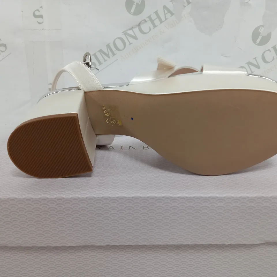 BOXED PAIR OF RAINBOW ZURI HIGH HEEL OPEN TOE SANDALS - UK 3