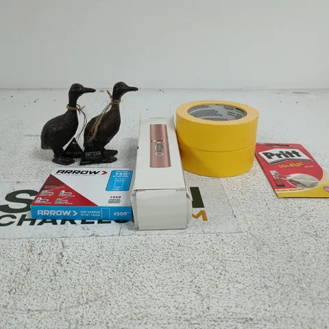 TOTE OF APPROXIMATELY 20 ASSORTED ITEMS TO INCLUDE CAST IRON GARDEN DUCKS, TAPE, HAIR STRAIGHTENER, PRITT ETC