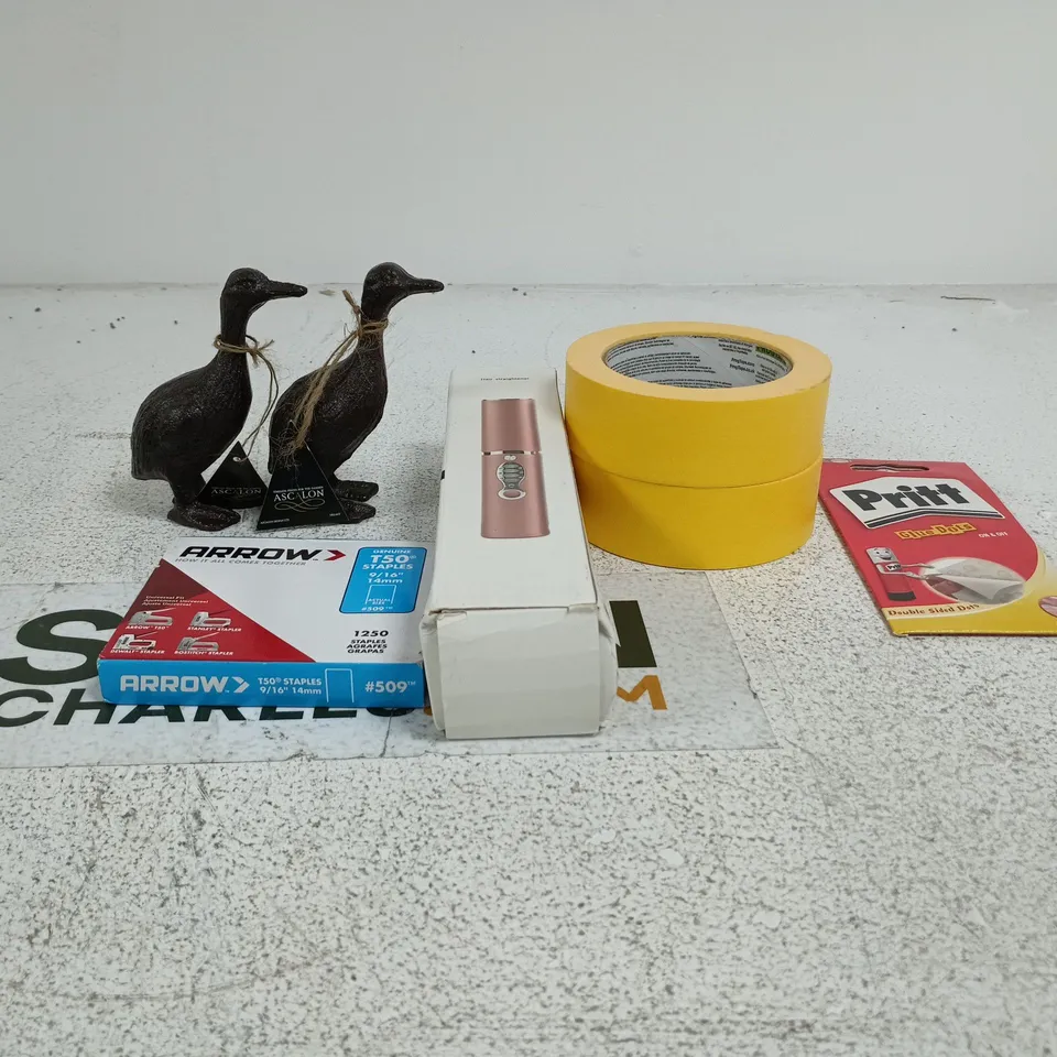 TOTE OF APPROXIMATELY 20 ASSORTED ITEMS TO INCLUDE CAST IRON GARDEN DUCKS, TAPE, HAIR STRAIGHTENER, PRITT ETC