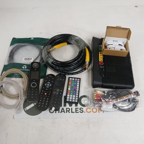 LOT OF ASSORTED HOUSEHOLD ITEMS TO INCLUDE REMOTE CONTROLS, CABLES AND HOME NETWORKING ITEMS