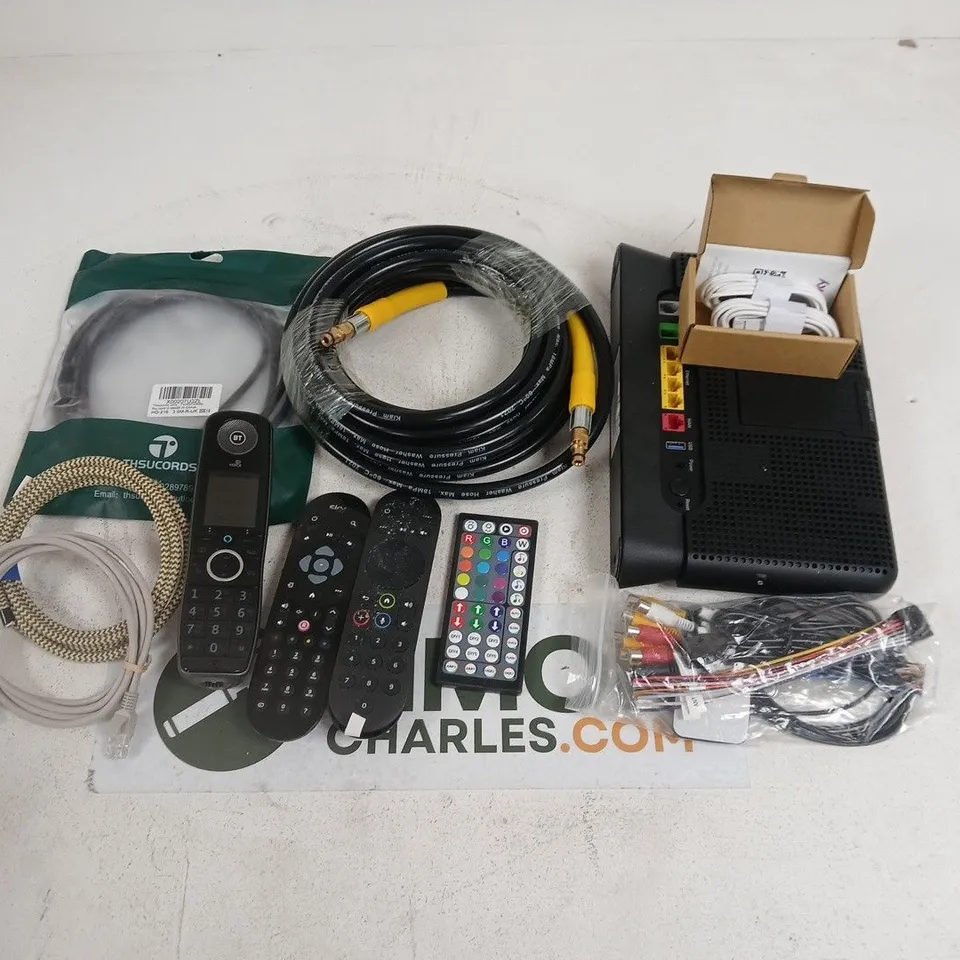 LOT OF ASSORTED HOUSEHOLD ITEMS TO INCLUDE REMOTE CONTROLS, CABLES AND HOME NETWORKING ITEMS