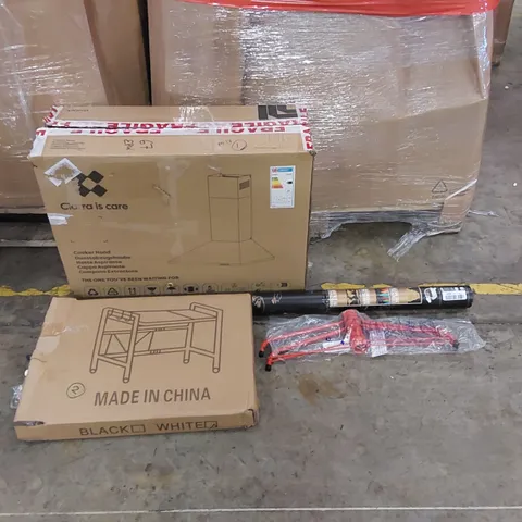 PALLET OF ASSORTED ITEMS INCLUDING: COOKER HOOD, SMALL TABLE, TREE STAND, MAP