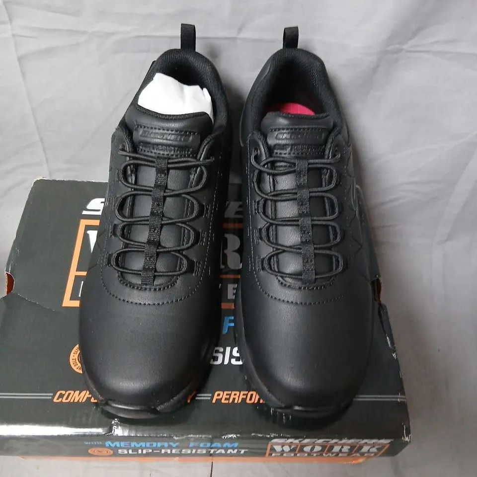 SKECHERS WORK FOOTWEAR – BLACK MEMORY FOAM SLIP-RESISTANT SHOES –  UK 6