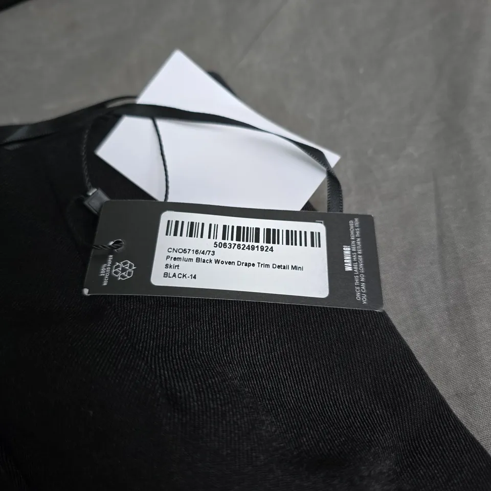 PRETTY LITTLE THING BLACK WOVEN DRAPE TRIM MINI SKIRT BLACK 14